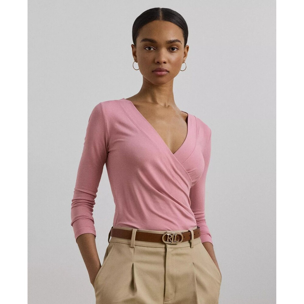 Lauren Ralph Lauren Women's Ruched Surplice Neck 3/4 Sleeves Jersey Top Mauve M